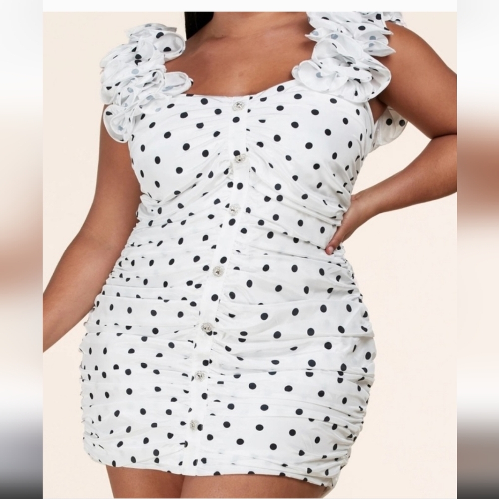 L'Atiste White Polka Dot Ruched Bodycon Dress Size 3X